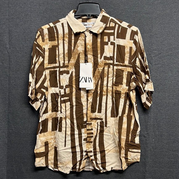 💥$3/$30💥NWT -Zara Men's Abstract Print Shirt, Mid-ecru - Size Small - Picture 3 of 8